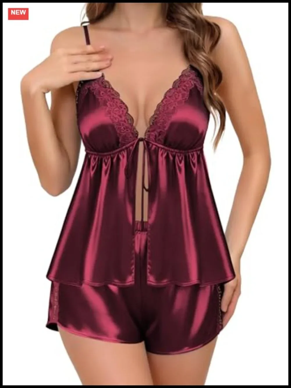 Women's Satin Pajama Set Lace Cami and Shorts Sexy Sleepwear